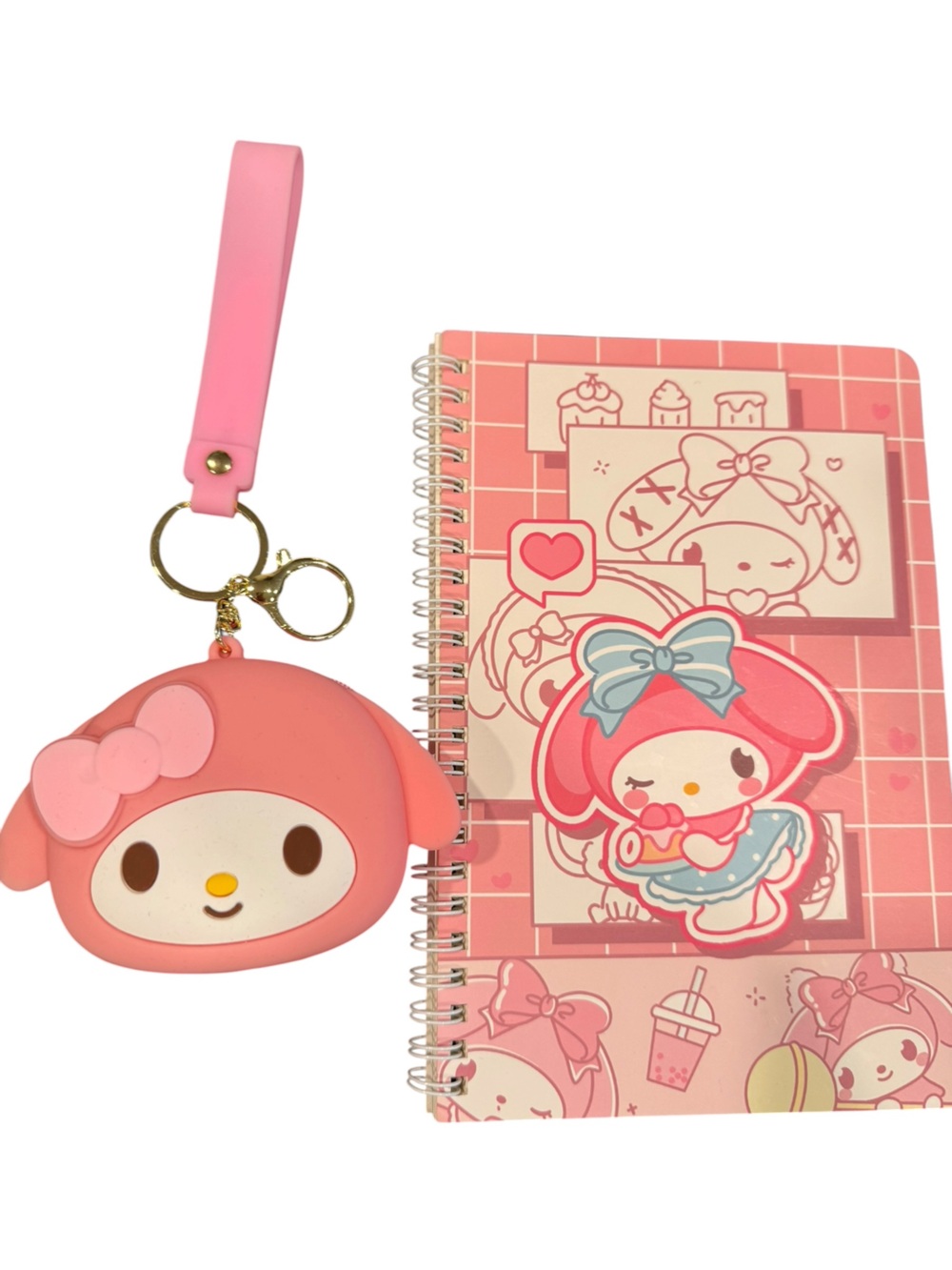 Kawaii Pink Character Keychain & Spiral Notebook Set